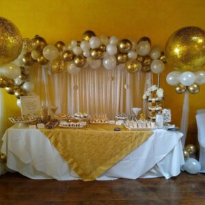 Gold and white Balloon Garland & 2 confetti balloon columns w/tulle