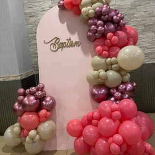 Baptism Garland with pink backdrop wall