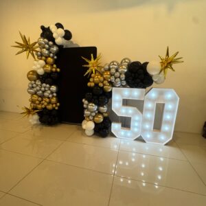 50th Birthday double wall setup with lite up 4ft number 50th